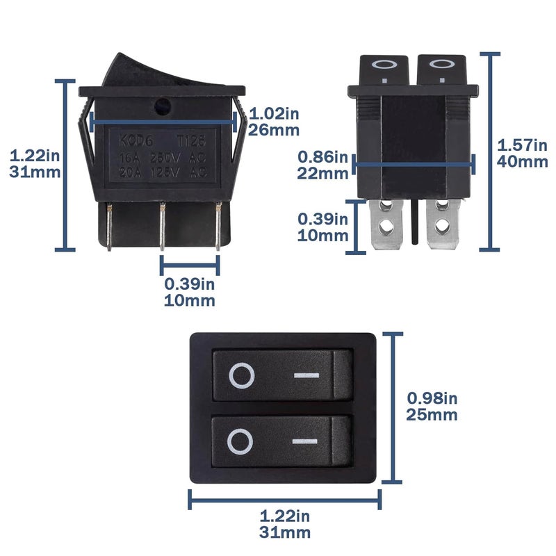VEXUNGA 6pcs Mini Rocker Switch 6 Pin 20A 125V AC 16A 250V Double Rocker Switch On Off 2 Position SPST Black Boat Switches for Car Marine Home Appliances - Image 2